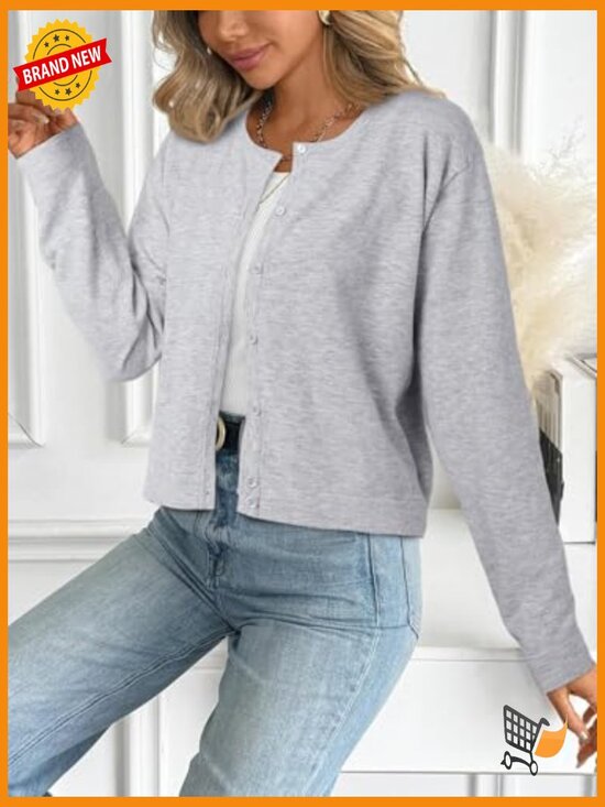 Cropped Cardigan Sweater Lightweight Bolero Shrug Button Down Long Sleeve - Picture 3 of 7